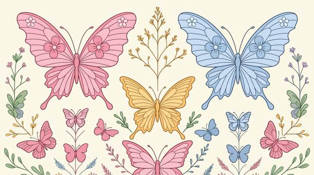 Illustration d&eacute;corative compos&eacute;e de papillons color&eacute;s aux tons pastel et de motifs floraux d&eacute;licats dans un style artistique printanier et &eacute;l&eacute;gant sur un fond cr&egrave;me