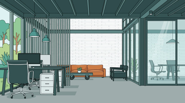 Illustration vectorielle d'un espace de bureau moderne et ouvert avec des cloisons en verre, des meubles ergonomiques, un canap&eacute; orange confortable et une vue sur la nature verdoyante.