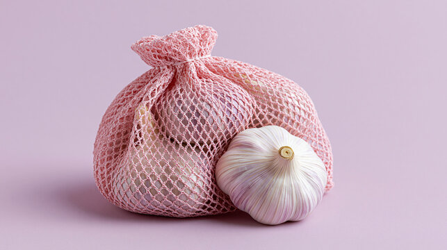 Fresh garlic bulbs in a pink mesh bag on a soft pink background.