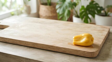A single glossy jackfruit segment placed in the lower right corner of a large pale wooden board, with most of the board left empty as negative space for tropical fruit or plant-based food copy.