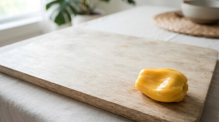 A single glossy jackfruit segment placed in the lower right corner of a large pale wooden board, with most of the board left empty as negative space for tropical fruit or plant-based food copy.