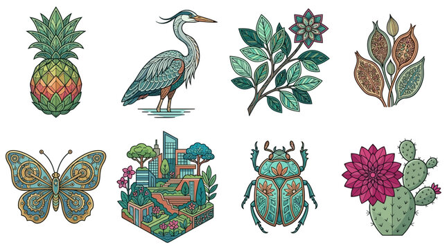 Conjunto de ilustra&ccedil;&otilde;es vetoriais detalhadas apresentando elementos da natureza, incluindo abacaxi, gar&ccedil;a, borboleta, besouro, cacto com flor e paisagem urbana isom&eacute;trica em estilo art&iacute;stico.