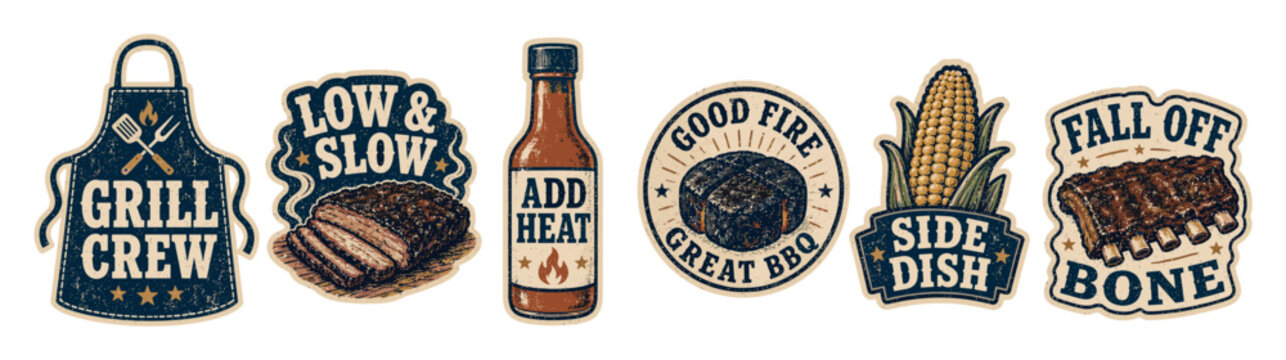 Barbecue stickers and labels set featuring vintage designs of grill apron brisket hot sauce bottle charcoal corn cob and pork ribs with retro typography