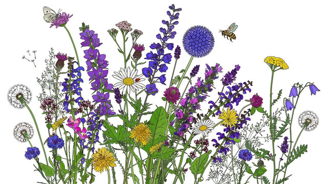 Illustration botanique d&eacute;taill&eacute;e de fleurs sauvages color&eacute;es, incluant des marguerites, de la lavande et des pissenlits, avec des insectes butineurs sur un fond blanc isol&eacute;.
