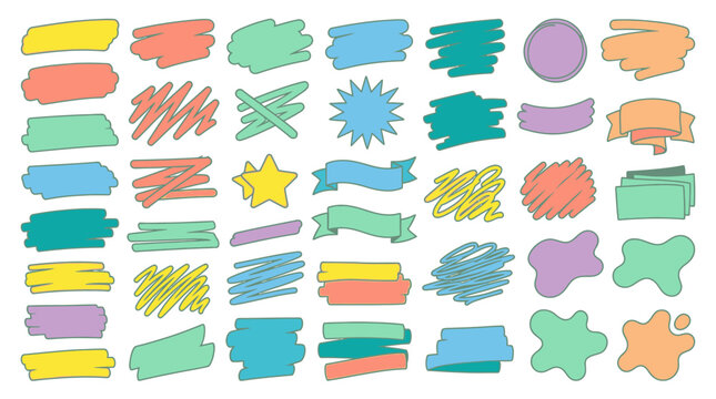 Eine Sammlung von handgezeichneten bunten Textmarkierungen, Kritzeleien, Bannern und abstrakten Formen in verschiedenen Pastellfarben auf wei&szlig;em Hintergrund f&uuml;r kreative Designs.