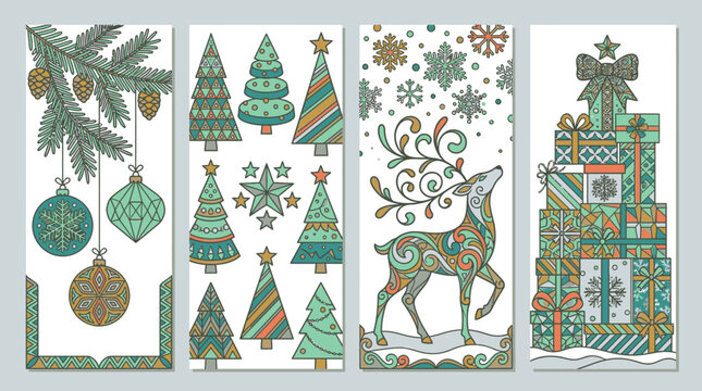 Set von vier vertikalen Weihnachtskarten mit handgezeichneten Illustrationen von Tannenb&auml;umen, Rentieren, Geschenken und Christbaumschmuck in einem dekorativen, flachen Grafikstil.