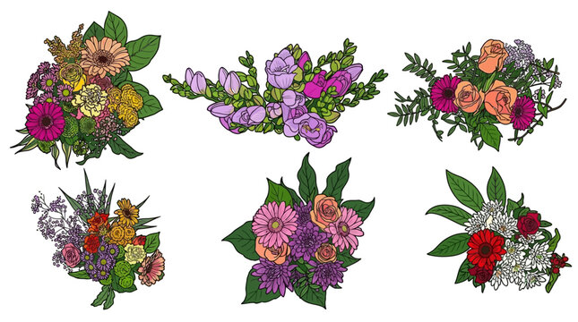 Ensemble de six bouquets de fleurs color&eacute;s dessin&eacute;s &agrave; la main avec des d&eacute;tails botaniques vari&eacute;s, parfaits pour des compositions florales d&eacute;coratives et des projets de design graphique.
