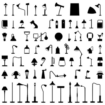 Collection of 24 different types of lamps and lighting fixtures arranged in a 6x4 grid, each depicted in a minimalist black and white vector illustration style. The lamps include various designs su...
