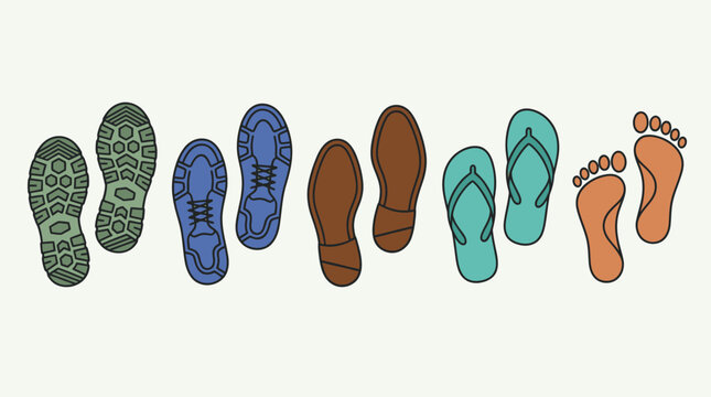 Eine bunte Sammlung verschiedener Schuhabdr&uuml;cke und Fu&szlig;abdr&uuml;cke in einer Reihe, die verschiedene Arten von Schuhwerk wie Turnschuhe, Sandalen und nackte F&uuml;&szlig;e auf hellem Hintergrund darstellt.