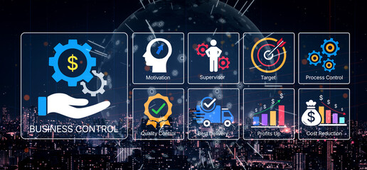 Fototapeta premium Business Control Concept with Graphics Representing Motivation, Supervision, Targets, Quality, and Profit Management in a Modern Cityscape. Bitwise.