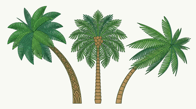Ensemble de trois palmiers tropicaux illustr&eacute;s avec des d&eacute;tails textur&eacute;s sur un fond clair, parfaits pour des projets de design estival, des d&eacute;corations de vacances ou des motifs botaniques.