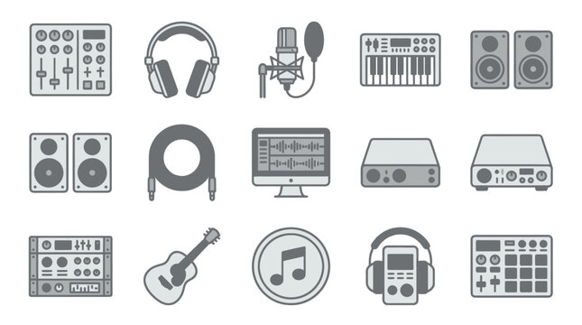 Music production studio equipment icons.