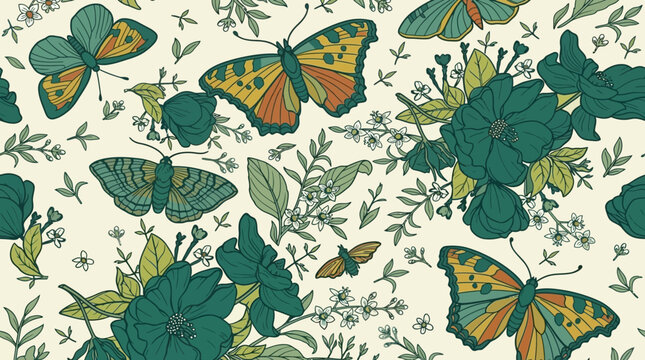 Padr&atilde;o sem costura desenhado &agrave; m&atilde;o com borboletas coloridas e flores em tons de verde e amarelo sobre um fundo creme, ideal para design t&ecirc;xtil e papel de parede decorativo.