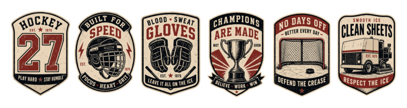Vintage ice hockey emblems and badges set featuring detailed illustrations of a helmet, gloves, championship trophy, goal net, and ice resurfacer machine with retro typography