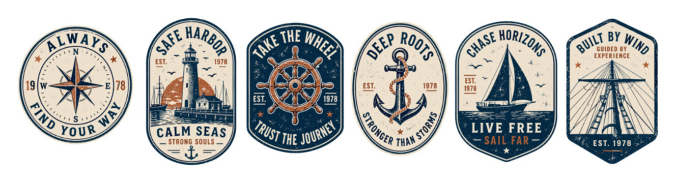 Vintage nautical badges and emblems collection featuring compass lighthouse steering wheel anchor sailboat and ship mast designs with grunge texture