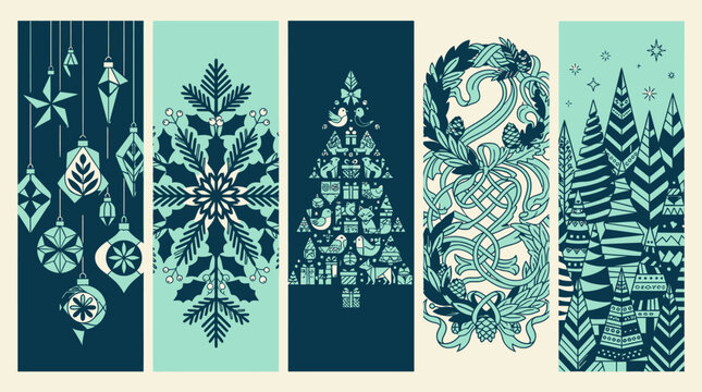 Set von f&uuml;nf vertikalen Weihnachtsbannern mit stilisierten Illustrationen von Tannenb&auml;umen, Ornamenten, Schneeflocken und floralen Mustern in einer eleganten blau-t&uuml;rkisen Farbpalette.