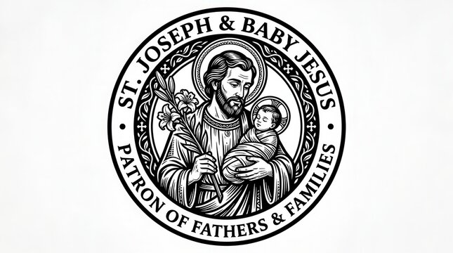 Religious Emblem Featuring Saint Joseph Holding Baby Jesus in a Circular Design