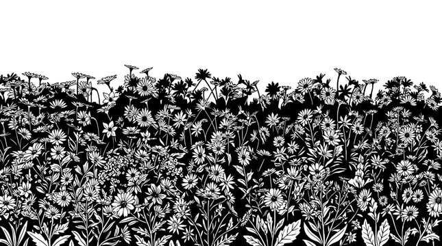 Illustration vectorielle en noir et blanc repr&eacute;sentant un champ de fleurs sauvages dense et d&eacute;taill&eacute; avec un espace de copie blanc en haut pour vos projets de design cr&eacute;atif.