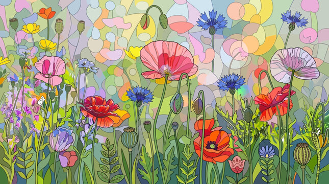 Eine wundersch&ouml;ne, farbenfrohe Illustration einer Sommerwiese mit Mohnblumen, Kornblumen und Wildblumen im k&uuml;nstlerischen Mosaik-Stil mit weichem, abstraktem Hintergrund.