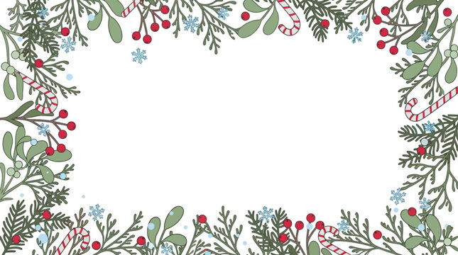 Ein festlicher Weihnachtsrahmen mit handgezeichneten Tannenzweigen, Misteln, roten Beeren und Zuckerstangen auf wei&szlig;em Hintergrund mit viel Platz f&uuml;r Text und Gestaltung.