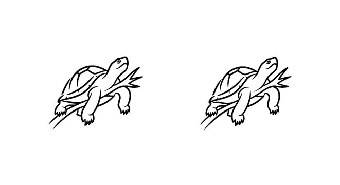 Two cartoon turtles walking with leafy branches on their backs.