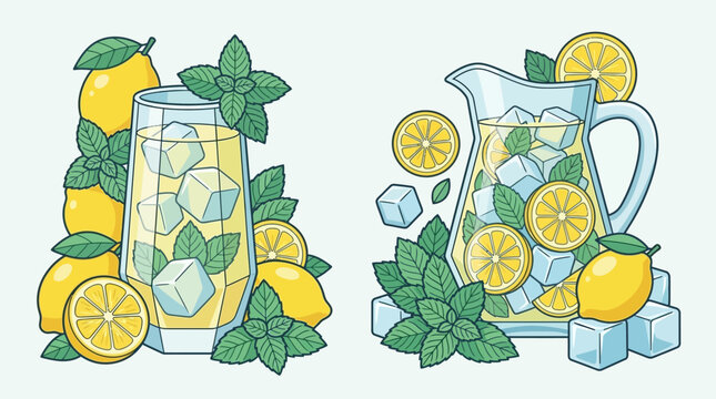 Eine illustrierte Sammlung von erfrischender Limonade in einem Glas und einer Karaffe mit frischen Zitronenscheiben, Eisw&uuml;rfeln und Minzbl&auml;ttern auf einem hellen Hintergrund