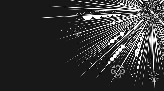Abstrakter Hintergrund in Schwarz und Wei&szlig; mit dynamischen radialen Strahlen, geometrischen Kreisen und einem komplexen sternf&ouml;rmigen Muster in der oberen rechten Ecke.
