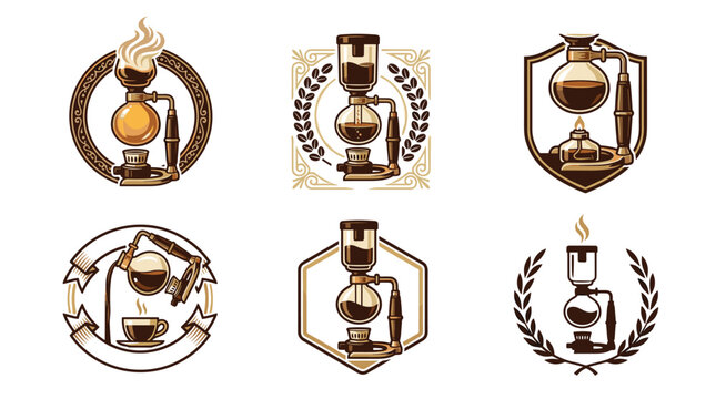 Pixel art collection of six coffee siphon brewers, each in a unique decorative emblem, representing brewing methods and coffee culture