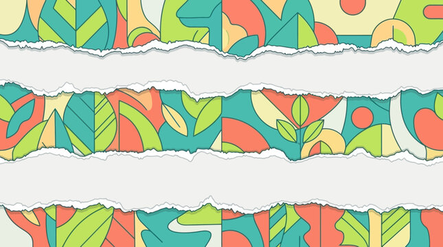 Fond abstrait avec des motifs botaniques color&eacute;s et des bandes de papier d&eacute;chir&eacute; blanc offrant un espace de copie pour vos designs cr&eacute;atifs et pr&eacute;sentations.