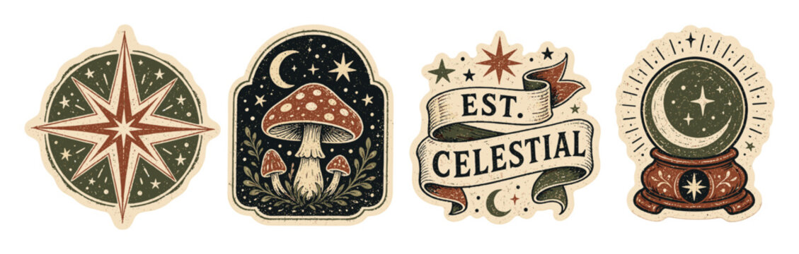 Celestial mystical sticker set featuring a compass star, amanita mushroom under a crescent moon, vintage ribbon, and a magical crystal ball in retro linocut style
