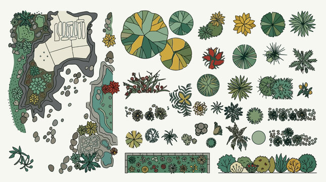 Ensemble d'&eacute;l&eacute;ments de design paysager dessin&eacute;s &agrave; la main pour plans d'architecture, incluant des arbres, des arbustes et des textures de jardin vus de dessus sur fond blanc.