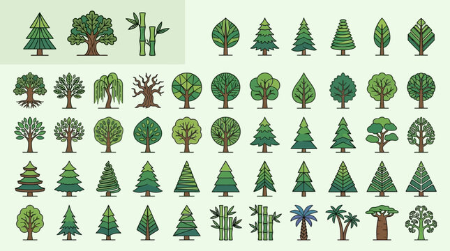 Eine umfangreiche Sammlung von flachen Vektor-Baum-Symbolen in verschiedenen Formen und Arten, ideal f&uuml;r &ouml;kologische Designs, Naturgrafiken und umweltfreundliche Illustrationen.