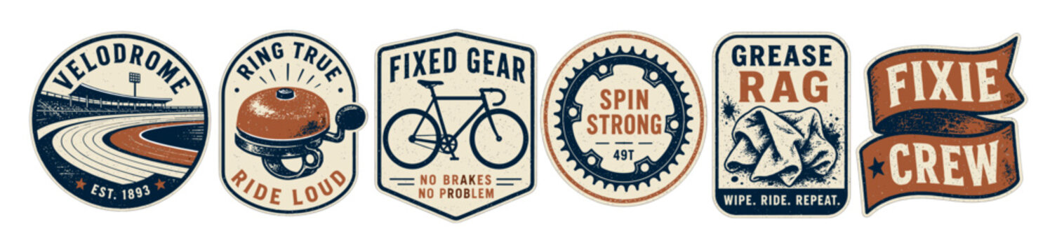 Vintage bicycle badges and emblems set featuring velodrome track, retro bike bell, fixed gear bicycle, chainring, grease rag, and fixie crew ribbon designs