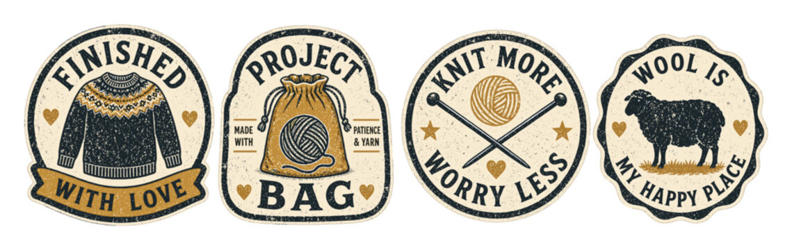 Vintage knitting badges and labels set featuring hand drawn illustrations of wool sweater, yarn ball, project bag, and sheep with retro typography