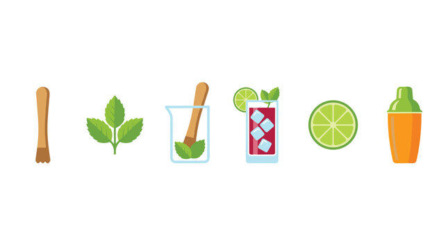 Pixel art icons of cocktail making tools and ingredients, including muddler, mint leaves, glass, lime, and shaker, isolated on white