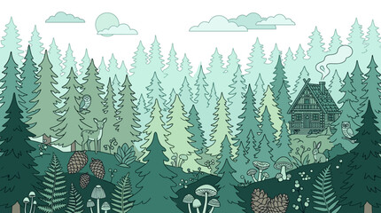 Obraz premium Ilustração vetorial de uma floresta densa com pinheiros, uma cabana rústica, um cervo e cogumelos, criando uma cena serena e encantadora em tons de verde e estilo artístico desenhado à mão.