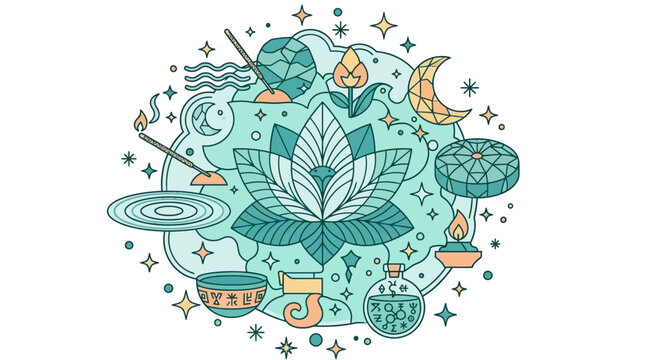 Illustration vectorielle de style lin&eacute;aire repr&eacute;sentant une fleur de lotus centrale entour&eacute;e d'&eacute;l&eacute;ments de m&eacute;ditation, de bien-&ecirc;tre et de spiritualit&eacute; sur un fond abstrait doux.