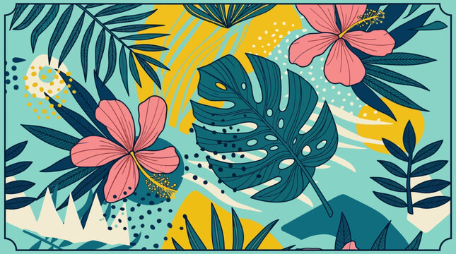 Patr&oacute;n sin costuras de estilo tropical con hojas de monstera, flores de hibisco rosadas y elementos abstractos sobre un fondo de color turquesa vibrante para dise&ntilde;o decorativo.