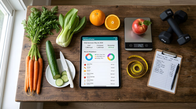 Overhead view of a wooden table with fresh produce, a digital tablet displaying a nutrition app, kitchen scale, dumbbells, and a fitness plan, representing a healthy lifestyle.