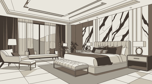 Ilustraci&oacute;n de dise&ntilde;o de interiores de un dormitorio principal de lujo con estilo moderno, cama grande, muebles elegantes y paredes decorativas con m&aacute;rmol en tonos neutros y marrones.
