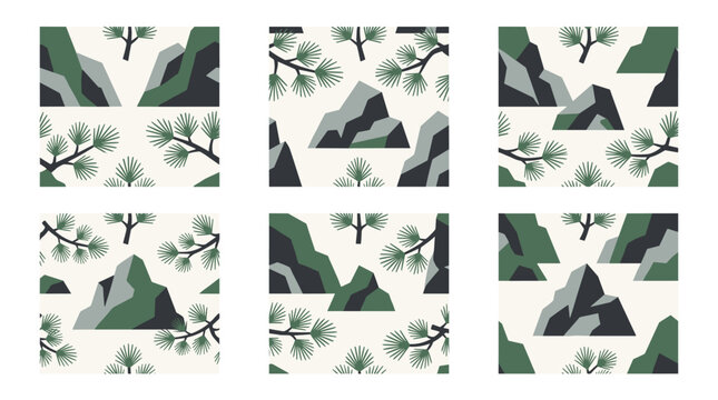 Pixel art landscape pattern with mountains and pine trees, Japanese minimalist style, repeated seamless design elements for textile and wallpaper