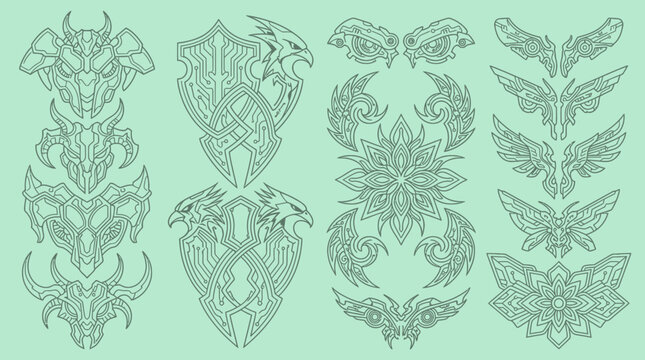 Conjunto de ilustraciones lineales de estilo fantas&iacute;a con escudos, cabezas de criaturas m&iacute;ticas, alas ornamentadas y mandalas florales sobre un fondo verde menta suave.