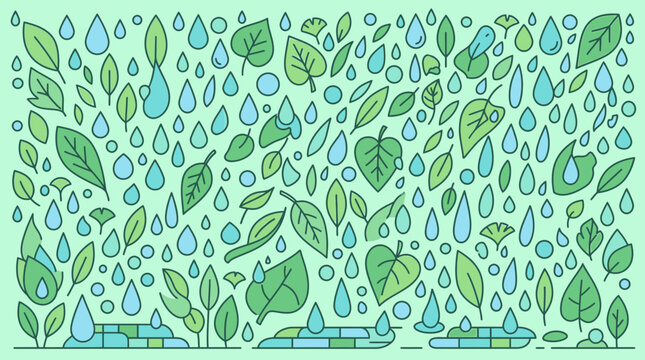 Patr&oacute;n sin costuras de estilo doodle con hojas verdes y gotas de lluvia sobre un fondo de color menta, perfecto para dise&ntilde;os ecol&oacute;gicos, papel tapiz decorativo o proyectos de naturaleza.