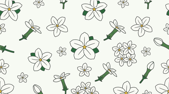 Padr&atilde;o sem emenda de flores de jasmim brancas desenhadas &agrave; m&atilde;o com p&eacute;talas delicadas e bot&otilde;es verdes em um fundo claro, ideal para design t&ecirc;xtil, papel de parede e embalagens decorativas.