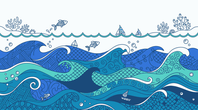 Ilustra&ccedil;&atilde;o vetorial de ondas do mar em estilo doodle com peixes, corais e bolhas, apresentando um padr&atilde;o decorativo azul e turquesa para design criativo e plano de fundo n&aacute;utico.