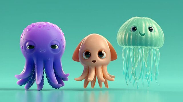 A group of marine animals&mdash;an octopus, a squid, and a jellyfish&mdash;standing together against a green background, rendered as 3D models.