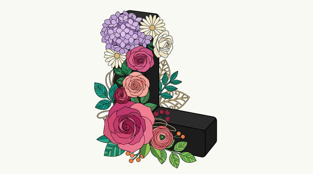 Letra L decorada com um arranjo floral art&iacute;stico contendo rosas, hort&ecirc;nsias e margaridas em um estilo de ilustra&ccedil;&atilde;o bot&acirc;nica elegante sobre um fundo neutro.