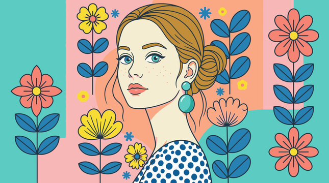 Ilustra&ccedil;&atilde;o vetorial estilizada de uma jovem mulher elegante com penteado coque, cercada por flores coloridas e elementos bot&acirc;nicos em um design gr&aacute;fico moderno e vibrante.