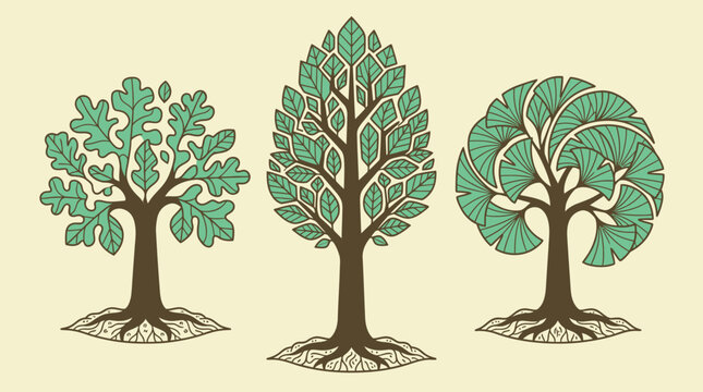 Eine Sammlung von drei stilisierten B&auml;umen mit detaillierten Bl&auml;ttern und Wurzeln in einem flachen, dekorativen Grafikdesign-Stil auf einem hellen, cremefarbenen Hintergrund.