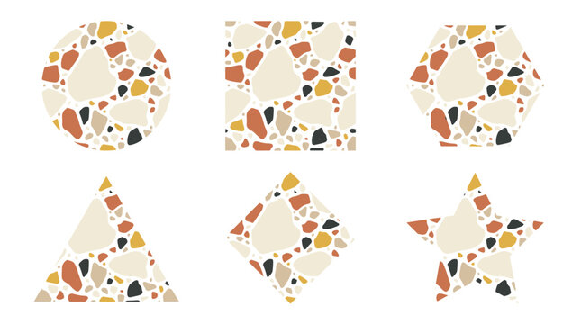Set of abstract geometric shapes in terrazzo pattern, circle, square, hexagon, triangle, rhombus, star